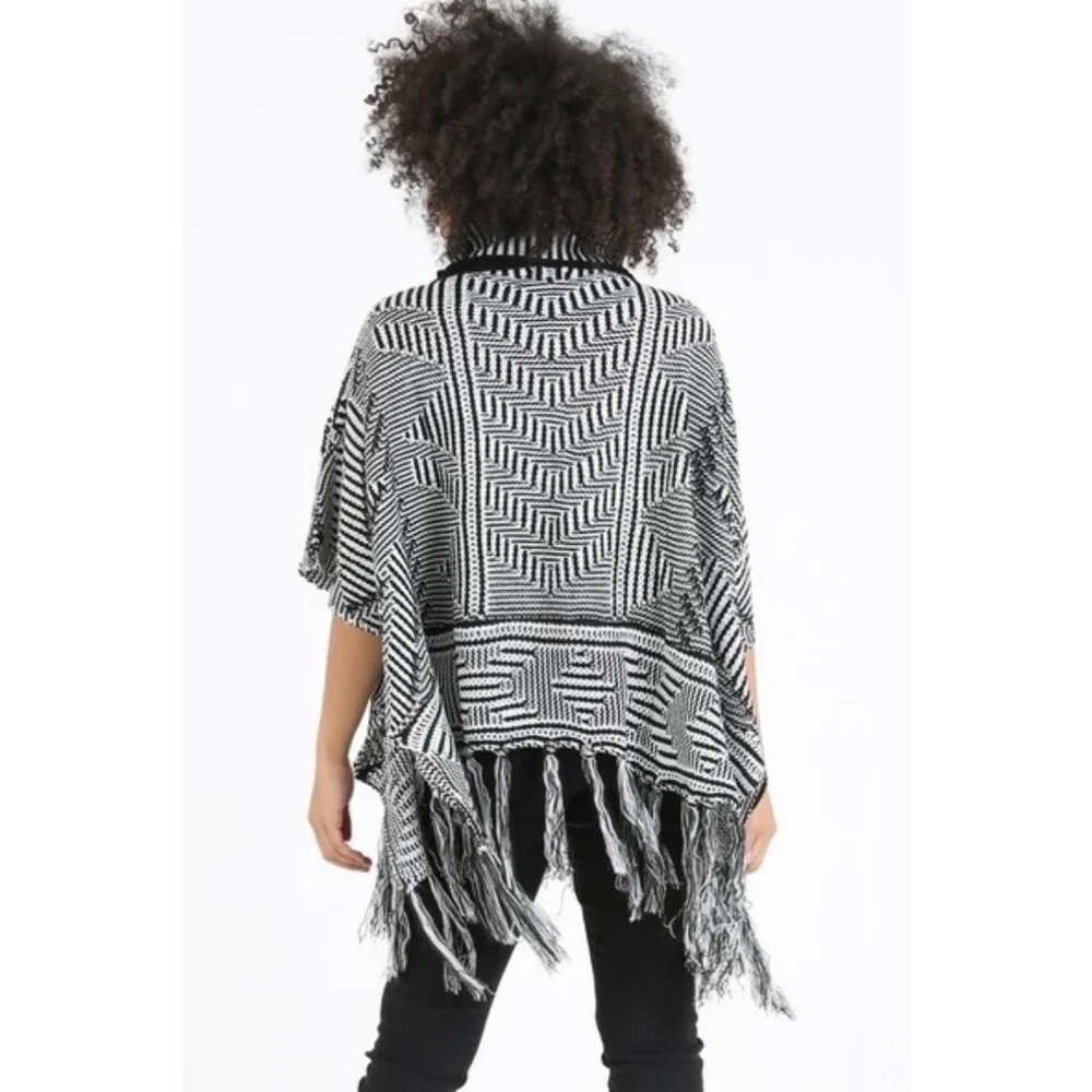 Angie Black White Turtleneck Fringe Poncho Sweater | Boho Fall Winter Layer